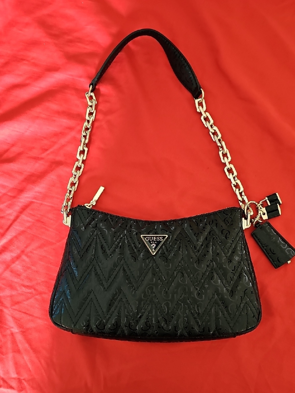 GUESS Black Quilted Patent Shoulder Bag with Gold Chain